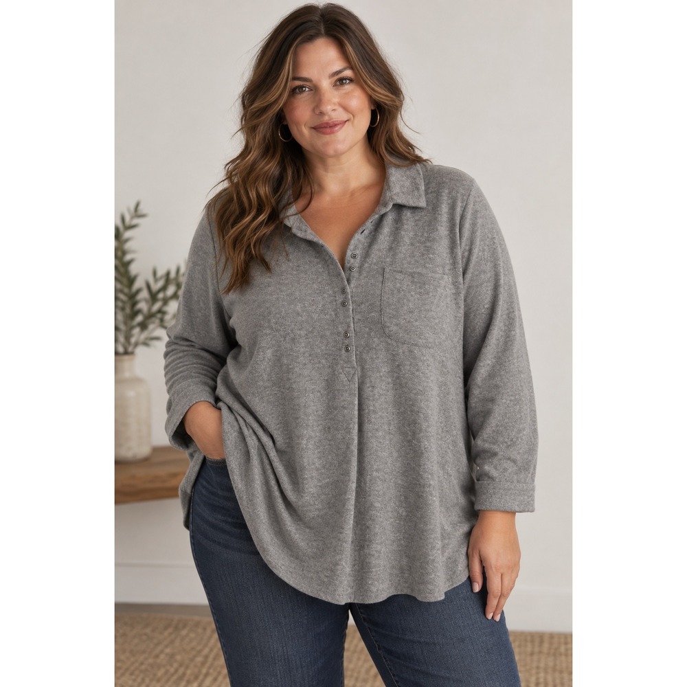 Soft Surroundings Henley Tunic Top Gray Long Sleeve Pocket Casual NWOT Womens 2X